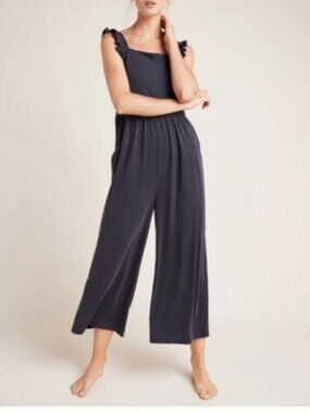 Anthropologie Billie Cupro Jumpsuit Size 2X Ruffle Straps Wide Legs Dark Gray